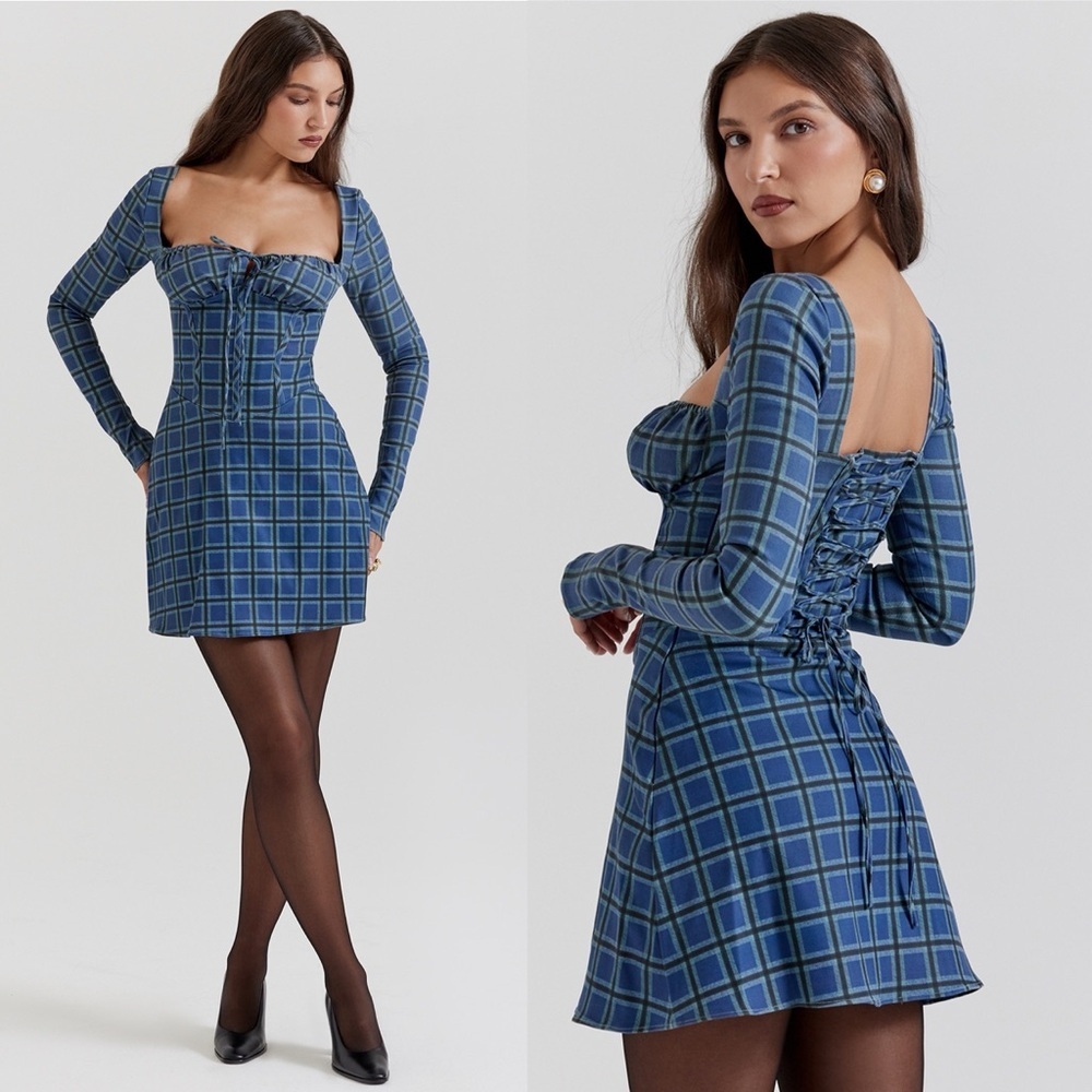 House of CB Malika Blue Tartan Corset‎ Mini Dress M Plus Cup Tall NWOT